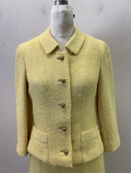 I. MAGNIN, Yellow, Wool, Acrylic, Solid, C.A., Button Front, 5 Gold Round Buttons, 2 Pockets, 2 Back Vents *Small Rust Stain on Bottom Front Hem, See Picture*