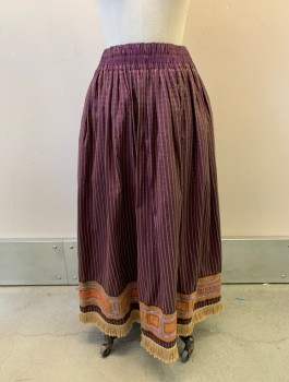 N/L MTO, Aubergine Purple, Gold, Silk, Stripes - Vertical , Taffeta with Grid Texture, Cartridge Pleated Waist, Ankle Length, Colorful Trim Along Hem with Natural Jute Fringe, Hook & Eyes at Side, Made To Order
