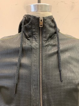 DIESEL, Black, Leather, High Neck, Hooded with Drawstrings, Mesh-like Square Cut Outs All Over, Zip Front, 2 Zip Pockets, Green Trim on Shoulders, Sides & Pocket, Rib Knit Cuff & Waist, Jersey Mesh Lining