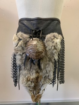 NO LABEL, Dk Brown, Silver, Brown, Leather, Metallic/Metal, Open Armour Skirt, Buckle Front, Link Chain, Stitched On Real Animal Skinned Fur And Turtle Shell, Made To Order,