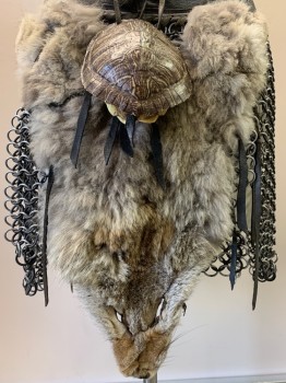 NO LABEL, Dk Brown, Silver, Brown, Leather, Metallic/Metal, Open Armour Skirt, Buckle Front, Link Chain, Stitched On Real Animal Skinned Fur And Turtle Shell, Made To Order,