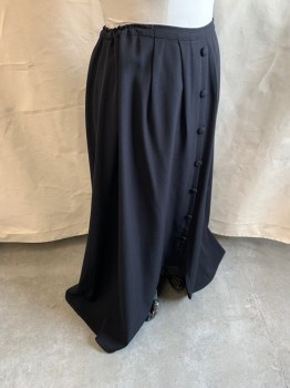 NL, Black, Wool, Solid, Drawstring, Faux Buttons Down Center Front, Pleated at Front Waist, Spit Hem at Center Front, Floor Length Hem