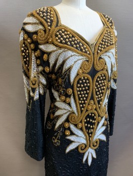 KUSHI-KUSHI, Black, Gold, White, Silk, Beaded, Paisley/Swirls, Abstract , Chiffon Densely Covered in Beads, Sequins & Gold Studs in Paisley, Leaves and Abstract Swirled Formations, Long Sleeves, Queen Anne Neckline, Padded Shoulders, Ankle Length,