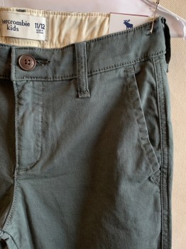 ABERCROMBIE & FITCH, Moss Green, Cotton, Elastane, Solid, 4 Pockets, Zip Fly, Button Closure, Belt Loops