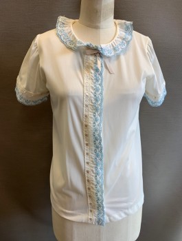 BERKLEIGH JUNIORS, Off White, Nylon, Solid, Top/Shirt, Light Blue Eyelet Trim with Scallopped Edges, S/S, Button Front, Peter Pan Collar