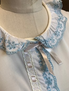 BERKLEIGH JUNIORS, Off White, Nylon, Solid, Top/Shirt, Light Blue Eyelet Trim with Scallopped Edges, S/S, Button Front, Peter Pan Collar