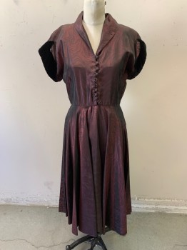 NL, Wine Red, Dk Gray, Black, Synthetic, Swirl , S/S, Self Button Front, Side Zipper, Roll Collar, Knee Length, Velvet Sleeves with Rhinestone Buttons, **Missing Two Buttons, Rhinestone Missing From Each Button
