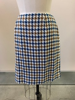 Amanda Smith, White, Brown, Teal Blue, Acrylic, Nylon, Houndstooth, Skirt, Straight Fit, Back Zipper,