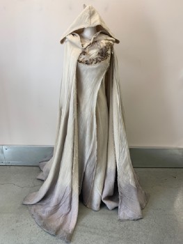 NO LABEL, Lt Beige, Gray, Brown, Cotton, Feathers, Ombre, Wrap Around Cape With Hood, Front And Back Slit, Feather Detail, Aged And Distressed, Made To Order