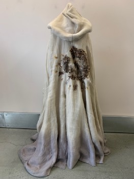 NO LABEL, Lt Beige, Gray, Brown, Cotton, Feathers, Ombre, Wrap Around Cape With Hood, Front And Back Slit, Feather Detail, Aged And Distressed, Made To Order