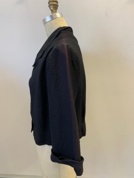 N/L, Black, Rayon, Textured Weave, 4 Wood Bttns, C.A., Cuffs At Sleeves, Shoulder Burn See Detail Photo,