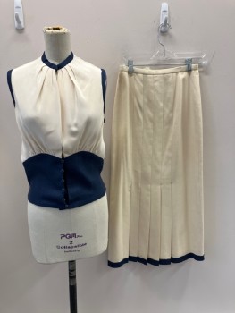 N/L, Cream, Navy Blue, Silk, Cotton, Solid, Slvs,with Band Collar,