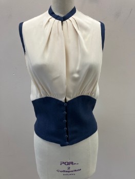 N/L, Cream, Navy Blue, Silk, Cotton, Solid, Slvs,with Band Collar,