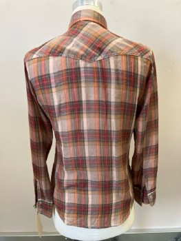 NATIONAL SHIRT, Brown Taupe Red Orange Yellow Plaid, Polyester, Snap Front, L/S, C.A., 2 Snap Flap Pkts