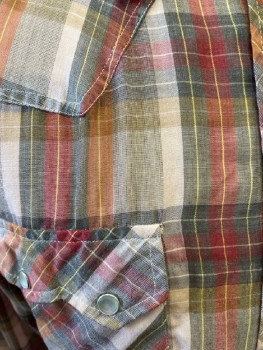 NATIONAL SHIRT, Brown Taupe Red Orange Yellow Plaid, Polyester, Snap Front, L/S, C.A., 2 Snap Flap Pkts