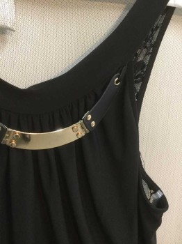 CAT D, Black, Gold, Polyester, Spandex, Solid, Sleeveless, Sheer Lace Back Of Torso, Gold Metal and Pleather Detail At Neck, Gathered Waist, Harem Style Pant Leg with Hip Pockets
