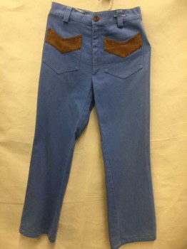 N/L, Cornflower Blue, Brown, Cotton, Suede, Solid, Color Blocking, Denim, Brown Suede Contrast On 4 Pockets, Center Back Waist Yoke, Pockets and Yoke Have Inverted Chevron Shape, Zip Fly, Boot Cut Leg,