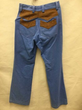 N/L, Cornflower Blue, Brown, Cotton, Suede, Solid, Color Blocking, Denim, Brown Suede Contrast On 4 Pockets, Center Back Waist Yoke, Pockets and Yoke Have Inverted Chevron Shape, Zip Fly, Boot Cut Leg,