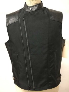 Black, Nylon, Faux Leather, Solid, Made To Order, Off Center Zipper,  Stand Collar, 2 Pockets,