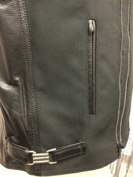 Black, Nylon, Faux Leather, Solid, Made To Order, Off Center Zipper,  Stand Collar, 2 Pockets,