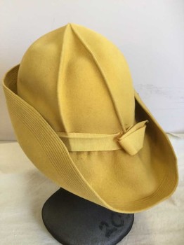N/L, Goldenrod Yellow, Wool, Solid, Deep Crown with Robbin Hood Brim, Piped Open Dart, Stitched Brim, Grosgrain Band with Casual Bow,