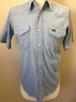 WRANGLER, Baby Blue, Polyester, Cotton, Heathered, W/light Orange Top-stitches, Yoke Front & Back, 2 Pockets W/flap, Milk W/silver Trim Button Front, Short Sleeves, Over Lock Stitches Hem