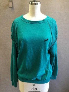 JULIE GIRL, Teal Green, Cotton, Solid, Ribbed Knit Crew Neck/Waistband/Cuffs, L/S, Raglan Sleeves with Waffle Knit Short Sleeves Panels
