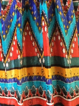 GARFINKLE'S, Black, Red, Mustard Yellow, Blue, Green, Viscose, Synthetic, Geometric, Black Bodice, V Neck, Long Sleeves, with Lame Skirt of Bright Jewel Tones of Turquoise, Blue, Mustard, red & Green