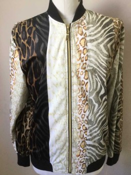 PRESTIGE, Black, White, Tan Brown, Brown, Polyester, Rayon, Animal Print, Many Types of Animal Print on Velour, Gold Zipper Front, Rib Knit Cuffs and Collar,