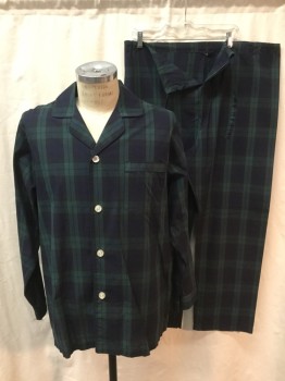 BROOKS BROTHERS, Navy Blue, Green, Cotton, Lycra, Plaid, Shirt - Open Collar, Button Front, Long Sleeves, 1 Pocket,