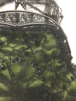 LISA TOLAND, Avocado Green, Organza/Organdy, Beaded, with Black Intricately Curled/Woven Plastic Mesh Overlay with Black Beads and Dark Avocado Flower Beads, Black Beaded Tassle at Bottom, Silver Metal Clutch Closure, Both Short and Long Handles/Straps Attached, **Barcode is Heat Pressed Inside,