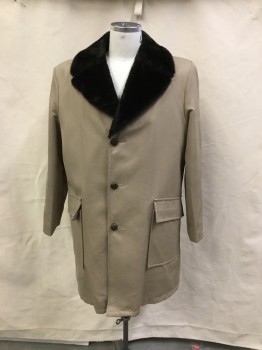 JC PENNEY, Khaki Brown, Dk Brown, Polyester, Synthetic, Solid, Winter Coat. Khaki Poly Gabardine, with Dark Brown Faux Fur Collar & Lining, 3 Button Single Breasted, , 2 Large Patch Pockets with Flaps, Slit Center Back,