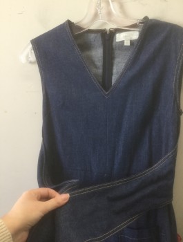 JOIE, Denim Blue, Cotton, Solid, Indigo Denim, Tan Topstitching, Sleeveless, V-neck, Wide Culotte Cropped Legs, Self Tie Wrapped Detail at Front, 2 Large Patch Pockets at Hips, Invisible Zipper in Back