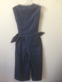 JOIE, Denim Blue, Cotton, Solid, Indigo Denim, Tan Topstitching, Sleeveless, V-neck, Wide Culotte Cropped Legs, Self Tie Wrapped Detail at Front, 2 Large Patch Pockets at Hips, Invisible Zipper in Back