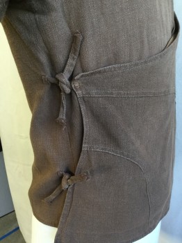 N/L (MTO), Brown, Lt Brown, Cotton, Polyester, Solid, Brown with Shinny Brown Lining, V-neck, Wraparound with Ties, 3/4 Sleeves