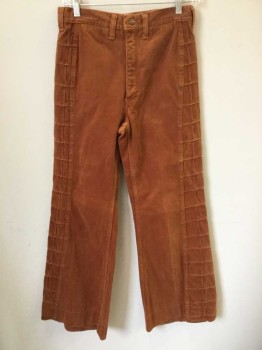 RED SNAP, Burnt Orange, Cotton, Patchwork, Solid, Burnt Orange Denim, Self Patchwork Squares At Sides, High Waist, Wide Leg, Zip Fly, 4 Pockets, with 2 Tiny Welt Pockets At Front,