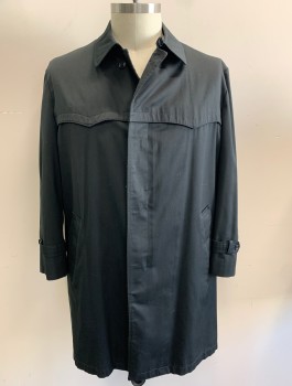 KORATRON, Black, Cotton, Solid, Trench Coat, Single Breasted, 4 Buttons, Collar Attached, Covered Button Placket, Wavy Scallopped Yoke Detail Across Chest, Plaid Lining