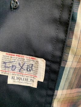 KORATRON, Black, Cotton, Solid, Trench Coat, Single Breasted, 4 Buttons, Collar Attached, Covered Button Placket, Wavy Scallopped Yoke Detail Across Chest, Plaid Lining