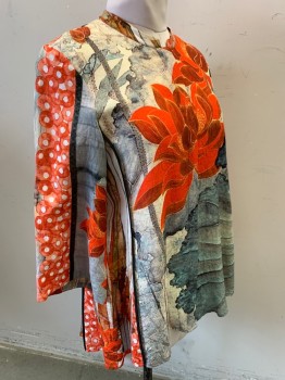 CITRON, Red, Red Burgundy, Gray, Black, White, Silk, Cotton, Floral, Asian Inspired Theme, Button Front, Long Sleeves, Mandarin/Nehru Collar,