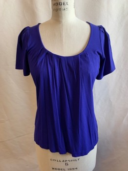 BANANA REPUBLIC, Primary Blue, Rayon, Spandex, Solid, Short Sleeves, Scoop Neck, Pleated Bust and Sleeves