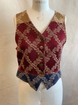 KAREN KANE, Red Burgundy, Tan Brown, Blue, Cotton, Rayon, Jacquard, Floral, V-neck, 5 Buttons Down Front, Tabs at Back of Waist with Button