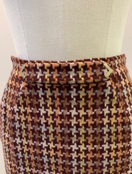 DAVID MEISTER, Red Burgundy, Blush Pink, Dusty Yellow, Clay Orange, Wool, Tweed, Houndstooth, Pencil Skirt, Belt with "V"  Shape Brass Accents, Back Zipper, Back Slit