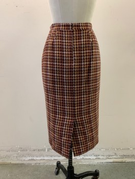 DAVID MEISTER, Red Burgundy, Blush Pink, Dusty Yellow, Clay Orange, Wool, Tweed, Houndstooth, Pencil Skirt, Belt with "V"  Shape Brass Accents, Back Zipper, Back Slit