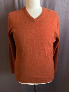 JOS. A BANK, Dk Orange, Cashmere, Heathered, Ribbed Knit V-neck, Long Sleeves, Ribbed Knit Waistband/Cuff