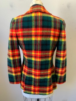 N/L, Forest Green, Tomato Red, Yellow, Black, Wool, Plaid, 1 Gold Embossed Button, Wide Peaked Lapel, 2 Patch Pockets,