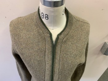 MR SWEATER, Taupe, Olive Green, Wool, Heathered, Zip Front, Crew Neck, Cardigan, with Olive Trim, Dk Brown Suede Elbow Patches