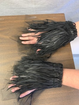 N/L MTO, Black, Feathers, Nylon, Solid, Pair, Stiff Black Feathers Under Black Tulle, Elastic at Wrists, 2 Snap Closures, (Has Matching Collar: FC070794)