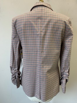 STATE, Tan Brown, Brown, Navy Blue, Rust Orange, Cotton, Spandex, Check , Double Breasted, No Closure, Peaked Lapel, 2 Flap Pocket, Pleated Bunching on Sleeves at Forearms