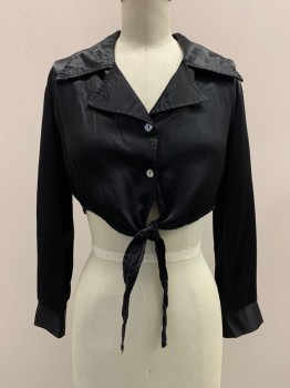ELEVEN, Black, Rayon, Solid, L/S, Button Front With Tie, Collar Attached, Cropped