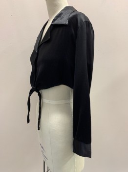 ELEVEN, Black, Rayon, Solid, L/S, Button Front With Tie, Collar Attached, Cropped